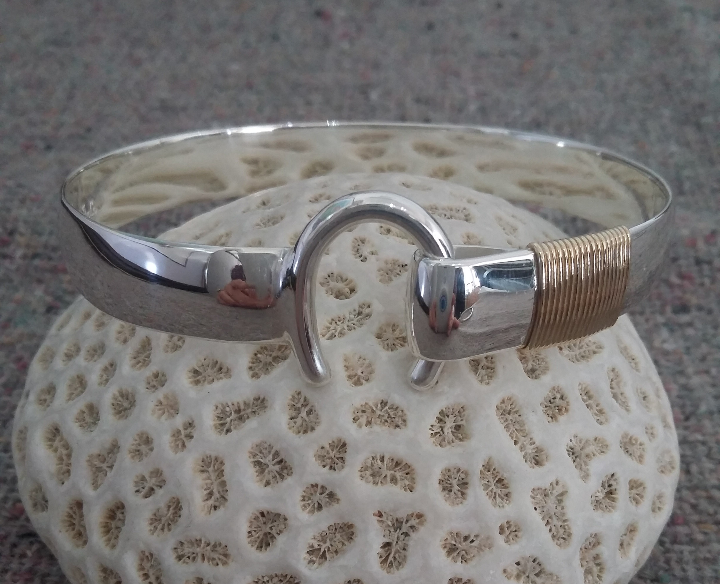 Hammered Sterling Silver Shackle Bracelet with 14K Yellow Gold Wraps